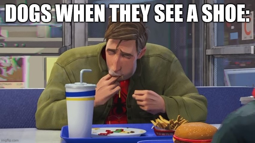 Yum | DOGS WHEN THEY SEE A SHOE: | image tagged in spiderman eating,dogs | made w/ Imgflip meme maker