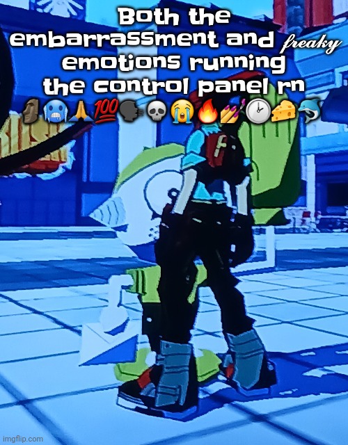 I'm downbad af rn | Both the embarrassment and 𝓯𝓻𝓮𝓪𝓴𝔂 emotions running the control panel rn 🗿🥶🙏💯🗣💀😭🔥💅🕑🧀🐬 | image tagged in bomb rush cyberfreak | made w/ Imgflip meme maker