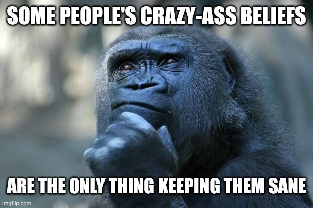 Different definitions of sanity? | SOME PEOPLE'S CRAZY-ASS BELIEFS; ARE THE ONLY THING KEEPING THEM SANE | image tagged in deep thoughts,crazy,beliefs,people,smart,dumb | made w/ Imgflip meme maker