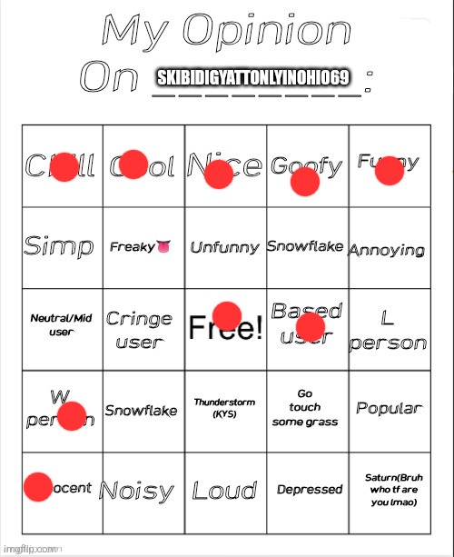 My Opinion On ________: Bingo by Andika V2 | SKIBIDIGYATTONLYINOHIO69 | image tagged in remake my opinion on ________ bingo by andika | made w/ Imgflip meme maker