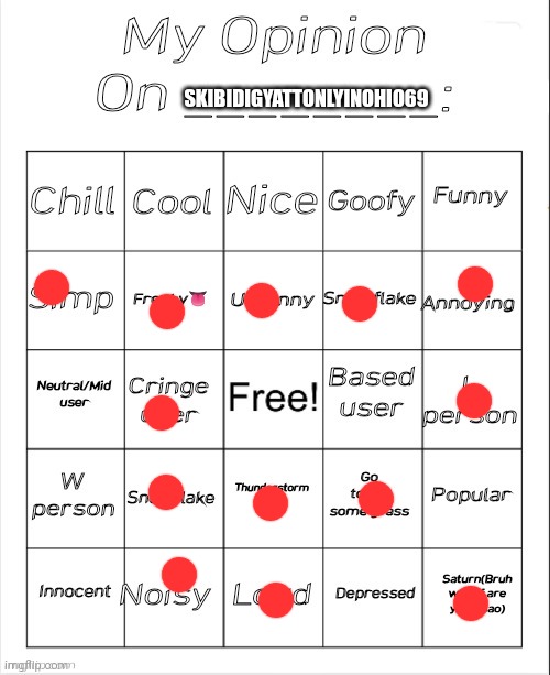 My Opinion On ________: Bingo by Andika V2 | SKIBIDIGYATTONLYINOHIO69 | image tagged in remake my opinion on ________ bingo by andika | made w/ Imgflip meme maker