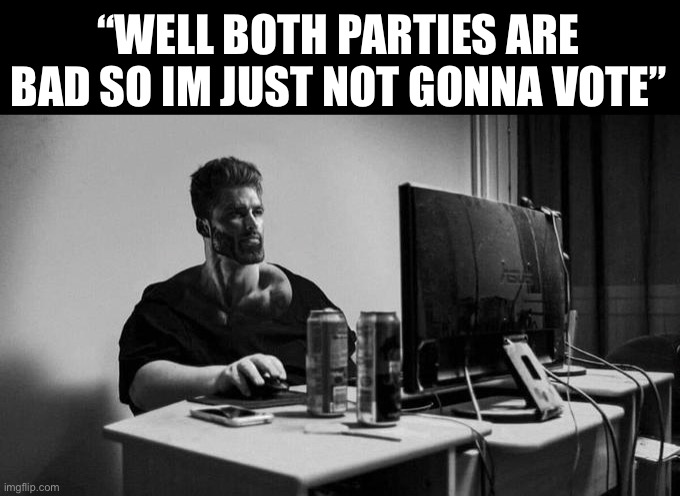 Gigachad On The Computer | “WELL BOTH PARTIES ARE BAD SO IM JUST NOT GONNA VOTE” | image tagged in gigachad on the computer,memes,relatable memes,shitpost,funny memes,humor | made w/ Imgflip meme maker