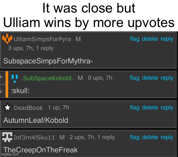 I will regret this but I will say this since I want a spooky username I’ll let you guys decide that one since I’m dumb | It was close but Ulliam wins by more upvotes | made w/ Imgflip meme maker