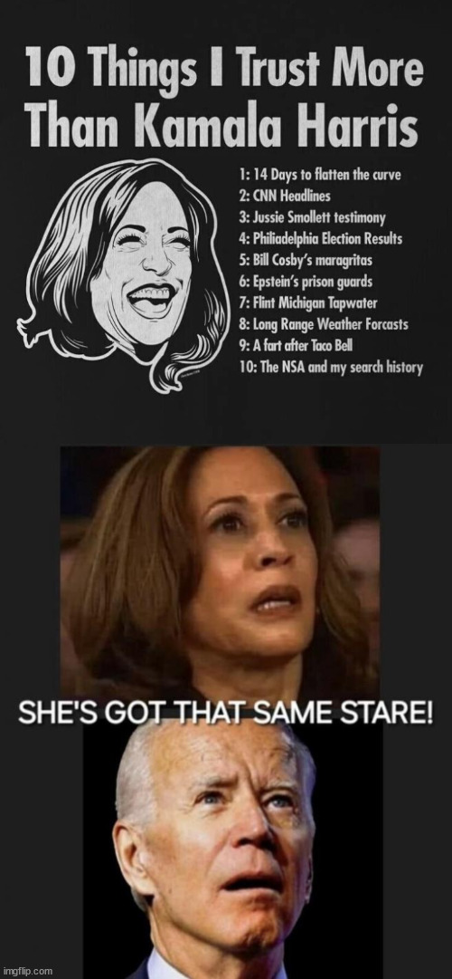 TRUMP: "Joe Biden became mentally impaired. Kamala was born that way." | image tagged in kamala harris,never trust,worst thing that can happen to america,her record says so | made w/ Imgflip meme maker