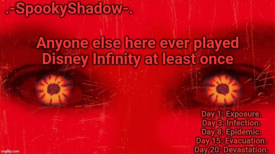 .-SpookyShadow-. Announcement Temp | Anyone else here ever played Disney Infinity at least once | image tagged in -spookyshadow- announcement temp | made w/ Imgflip meme maker