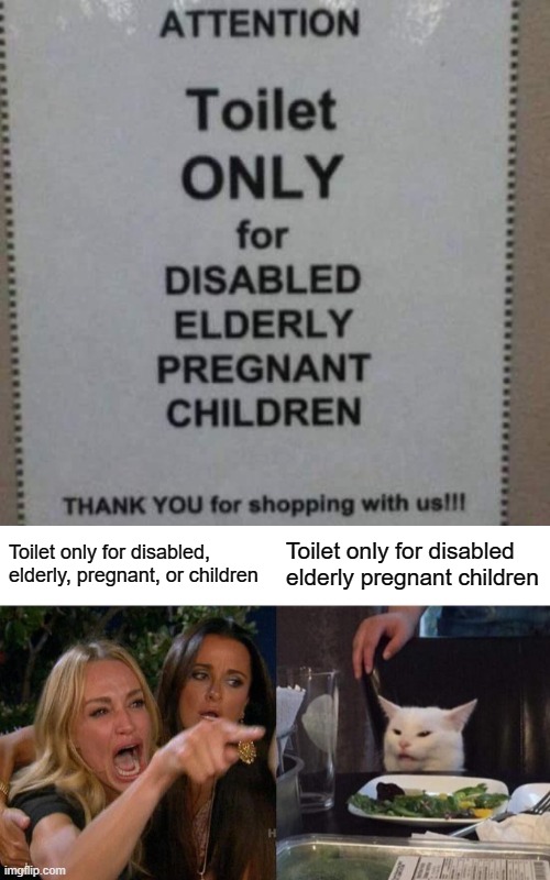 Now where can we find such a child? | Toilet only for disabled, elderly, pregnant, or children; Toilet only for disabled elderly pregnant children | image tagged in memes,woman yelling at cat,stupid signs,wordplay,toilet,funny | made w/ Imgflip meme maker