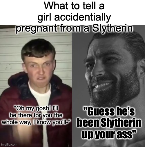 ? | What to tell a girl accidentially pregnant from a Slytherin; "Oh my gosh! I'll be there for you the whole way, I know you'll-"; "Guess he's been Slytherin up your ass" | image tagged in average fan vs average enjoyer | made w/ Imgflip meme maker