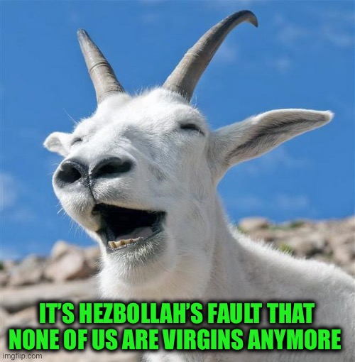 Laughing Goat Meme | IT’S HEZBOLLAH’S FAULT THAT NONE OF US ARE VIRGINS ANYMORE | image tagged in memes,laughing goat | made w/ Imgflip meme maker