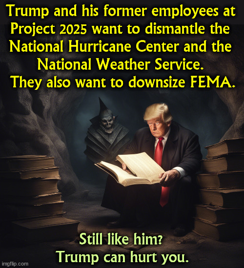 One godawful idea after another. | Trump and his former employees at 
Project 2025 want to dismantle the 
National Hurricane Center and the 
National Weather Service. 
They also want to downsize FEMA. Still like him?
Trump can hurt you. | image tagged in trump,weather,hurricanes,project 2025,radical,extreme | made w/ Imgflip meme maker