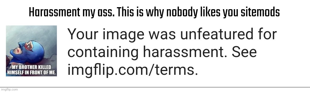 This is why imgflip site mods are so F*cked up. | Harassment my ass. This is why nobody likes you sitemods | image tagged in bullshit | made w/ Imgflip meme maker