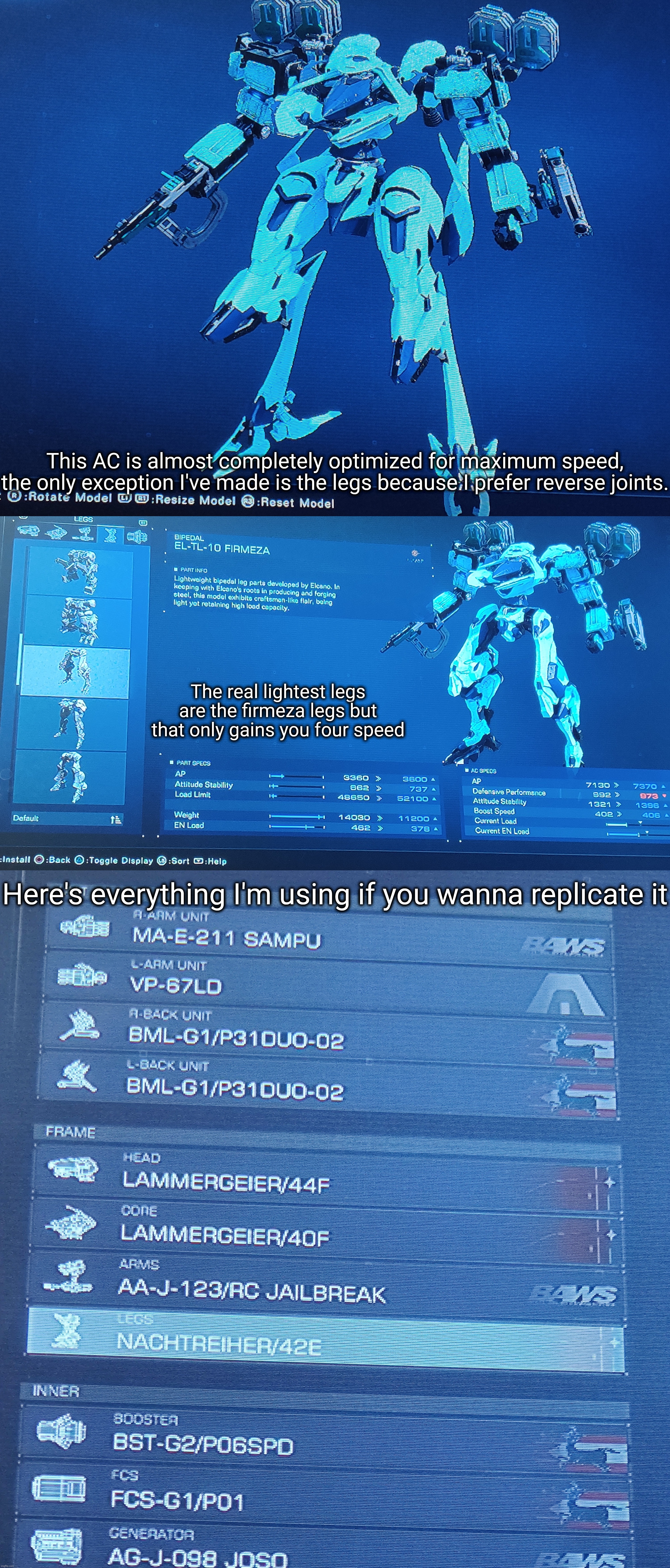 One speedy boi | This AC is almost completely optimized for maximum speed, the only exception I've made is the legs because I prefer reverse joints. The real lightest legs are the firmeza legs but that only gains you four speed; Here's everything I'm using if you wanna replicate it | image tagged in armored core,armored core 6 | made w/ Imgflip meme maker