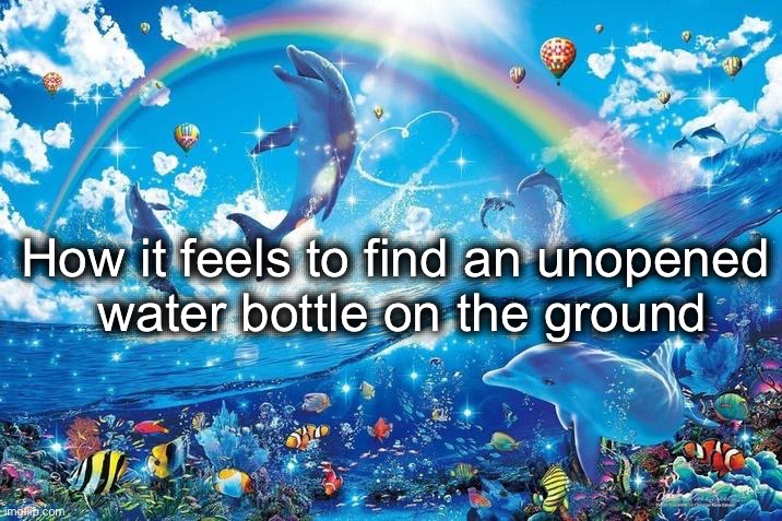 Happy dolphin rainbow | How it feels to find an unopened
 water bottle on the ground | image tagged in happy dolphin rainbow | made w/ Imgflip meme maker
