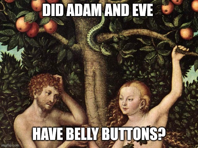 Adam and Eve | DID ADAM AND EVE; HAVE BELLY BUTTONS? | image tagged in adam and eve,funny | made w/ Imgflip meme maker