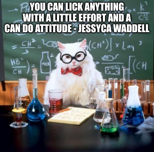 Chemistry Cat Meme | YOU CAN LICK ANYTHING WITH A LITTLE EFFORT AND A CAN DO ATTITUDE - JESSYCA WADDELL | image tagged in memes,chemistry cat | made w/ Imgflip meme maker