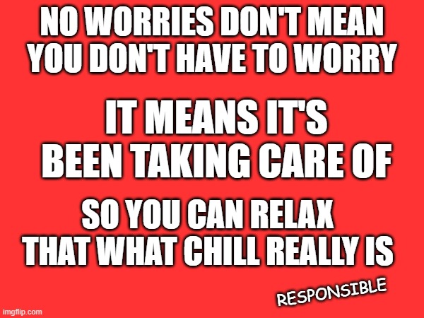 Real | NO WORRIES DON'T MEAN YOU DON'T HAVE TO WORRY; IT MEANS IT'S BEEN TAKING CARE OF; SO YOU CAN RELAX THAT WHAT CHILL REALLY IS; RESPONSIBLE | image tagged in politics | made w/ Imgflip meme maker