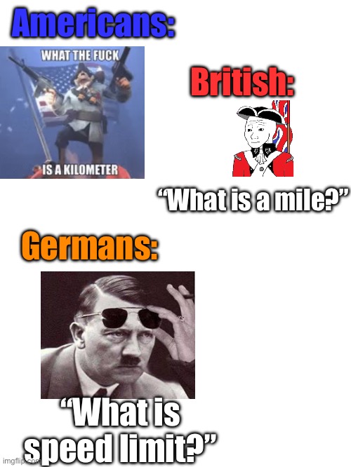 Hmm… | Americans:; British:; “What is a mile?”; Germans:; “What is speed limit?” | image tagged in germany,america,britain | made w/ Imgflip meme maker