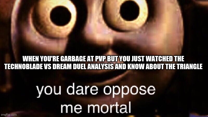 This was actually me | WHEN YOU'RE GARBAGE AT PVP BUT YOU JUST WATCHED THE TECHNOBLADE VS DREAM DUEL ANALYSIS AND KNOW ABOUT THE TRIANGLE | image tagged in you dare oppose me mortal,technoblade,pvp,minecraft,mwahahaha,gotcha | made w/ Imgflip meme maker