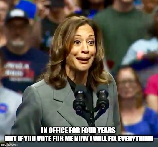 In office for four years but if you vote for me now I will fix everything | IN OFFICE FOR FOUR YEARS 
BUT IF YOU VOTE FOR ME NOW I WILL FIX EVERYTHING | image tagged in kamala harris,2024 | made w/ Imgflip meme maker