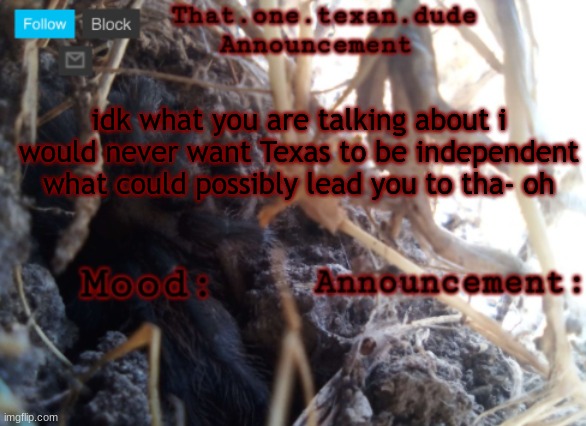 THE that.one.texan.dude announcement template | idk what you are talking about i would never want Texas to be independent what could possibly lead you to tha- oh | image tagged in the that one texan dude announcement template | made w/ Imgflip meme maker