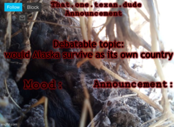 THE that.one.texan.dude announcement template | Debatable topic:
would Alaska survive as its own country | image tagged in the that one texan dude announcement template | made w/ Imgflip meme maker