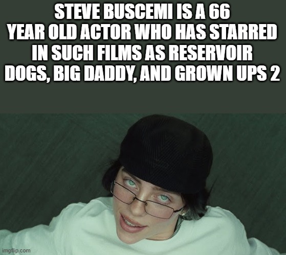 Steve Buscemi Is A 66 Year Old Actor | STEVE BUSCEMI IS A 66 YEAR OLD ACTOR WHO HAS STARRED IN SUCH FILMS AS RESERVOIR DOGS, BIG DADDY, AND GROWN UPS 2 | image tagged in steve buscemi,billie eilish,billie eilish birds of a feather,birds of a feather,funny,memes | made w/ Imgflip meme maker