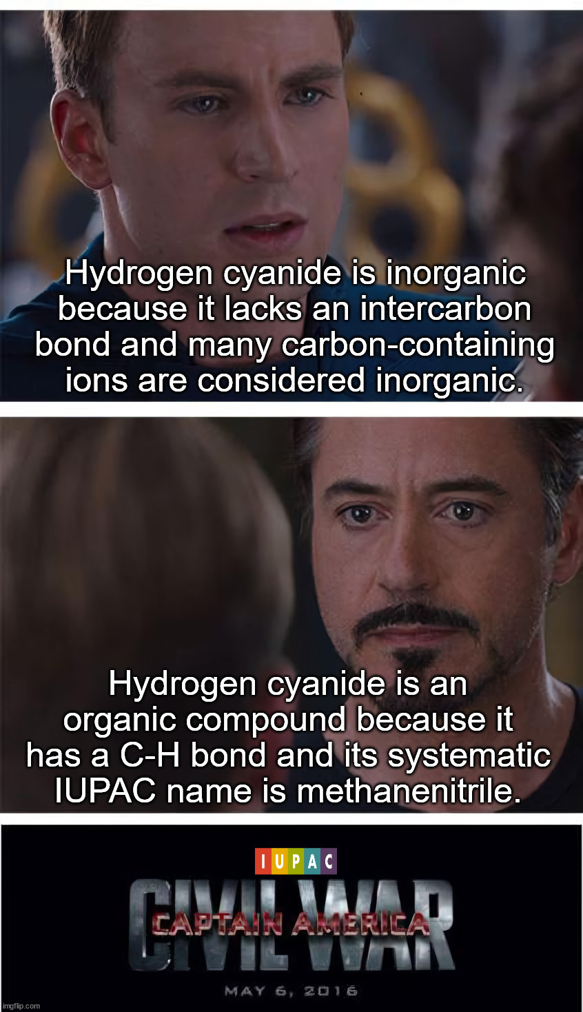 Chemists infighting | Hydrogen cyanide is inorganic because it lacks an intercarbon bond and many carbon-containing ions are considered inorganic. Hydrogen cyanide is an organic compound because it has a C-H bond and its systematic IUPAC name is methanenitrile. | image tagged in organic chemistry,chemistry,marvel civil war,debate,poison,infinite iq | made w/ Imgflip meme maker