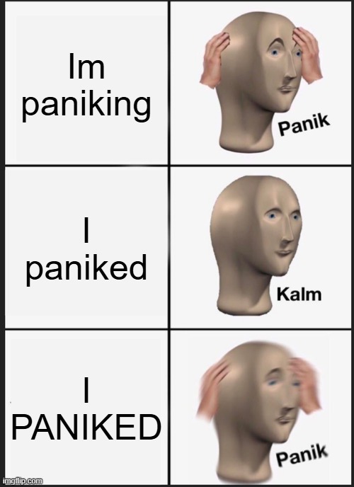 IM FKIN PANIKING | Im paniking; I paniked; I PANIKED | image tagged in memes,panik kalm panik | made w/ Imgflip meme maker