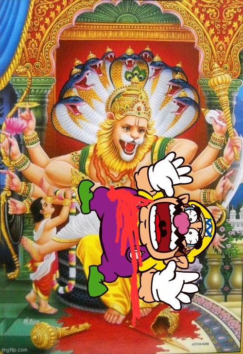 wario gets killed by narasimha after he bullied addison woods | image tagged in narasimha,hindu,wario dies,zoophobia,vivziepop | made w/ Imgflip meme maker