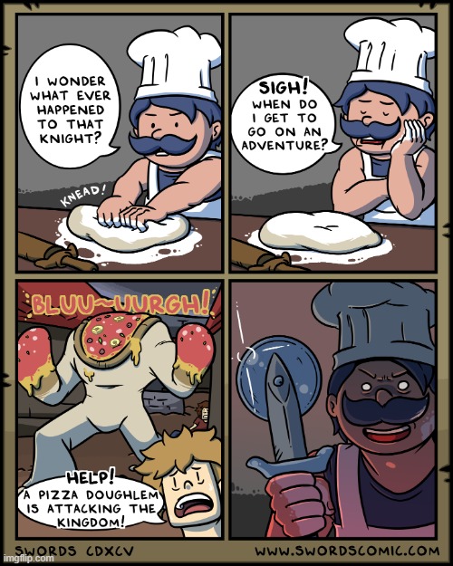 image tagged in swords,baker,pizza,golem,sword,pizza cutter | made w/ Imgflip meme maker