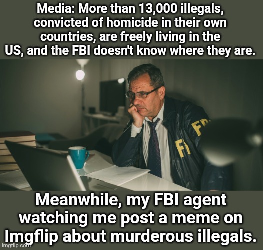 My fbi agent | Media: More than 13,000 illegals, convicted of homicide in their own countries, are freely living in the US, and the FBI doesn't know where they are. Meanwhile, my FBI agent watching me post a meme on Imgflip about murderous illegals. | image tagged in my fbi agent | made w/ Imgflip meme maker