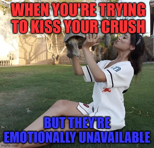 crush | WHEN YOU'RE TRYING TO KISS YOUR CRUSH; BUT THEY’RE EMOTIONALLY UNAVAILABLE | image tagged in memes | made w/ Imgflip meme maker