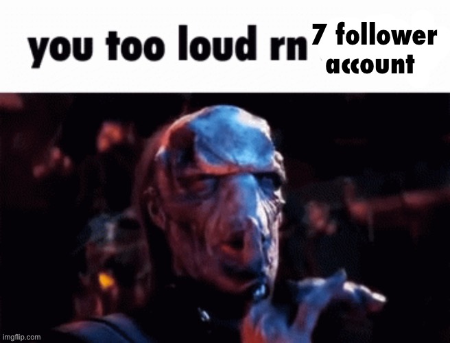 You too loud rn | 7 follower account | image tagged in you too loud rn | made w/ Imgflip meme maker