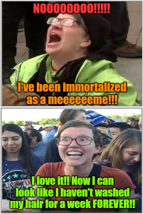 Wondering if Klik and Klak will attend Trump's 2025 inauguration | NOOOOOOOO!!!!! I've been immortalized as a meeeeeeme!!! I love it!! Now I can look like I haven't washed my hair for a week FOREVER!! | image tagged in trump,maga,kamala harris,liberal vs conservative,election 2024 | made w/ Imgflip meme maker