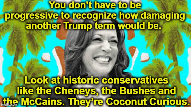 True Conservative are Coconut Curious | You don’t have to be progressive to recognize how damaging another Trump term would be. Look at historic conservatives like the Cheneys, the Bushes and the McCains. They’re Coconut Curious. | image tagged in gop,nevertrump,kamala harris,presidential race,presidential candidates,liberals vs conservatives | made w/ Imgflip meme maker