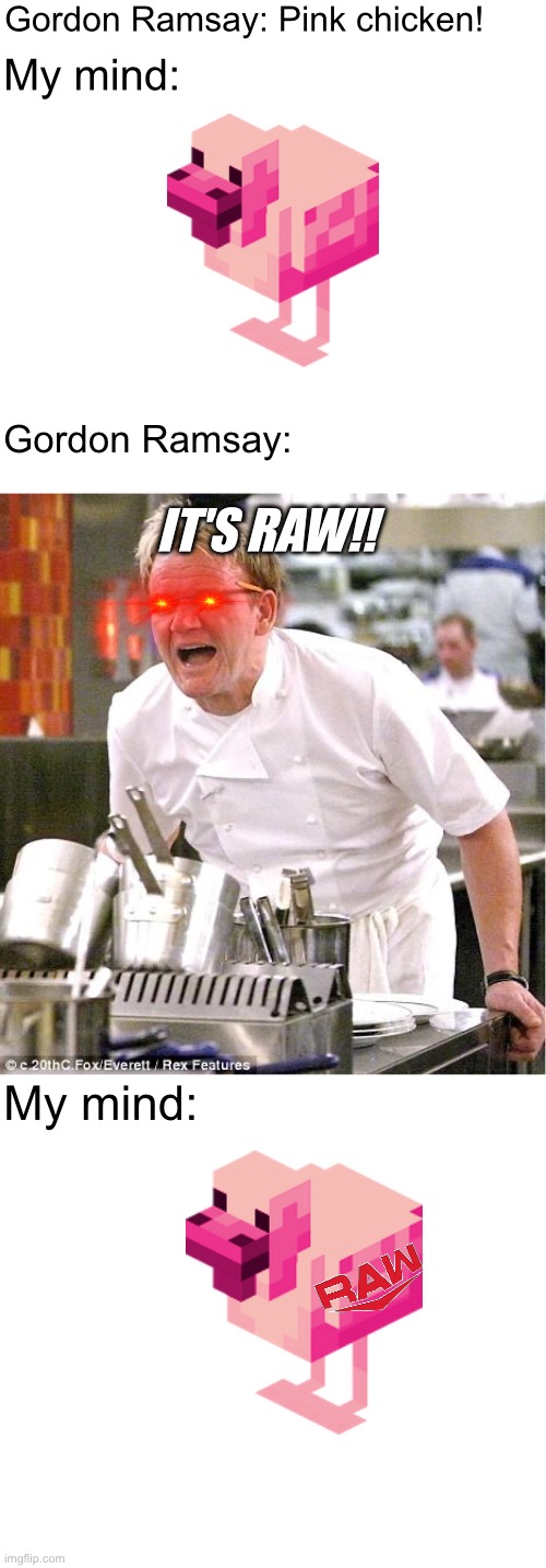 It's RAW! | Gordon Ramsay: Pink chicken! My mind:; Gordon Ramsay:; IT'S RAW!! My mind: | image tagged in memes,chef gordon ramsay,angry chef gordon ramsay,gordon ramsay | made w/ Imgflip meme maker