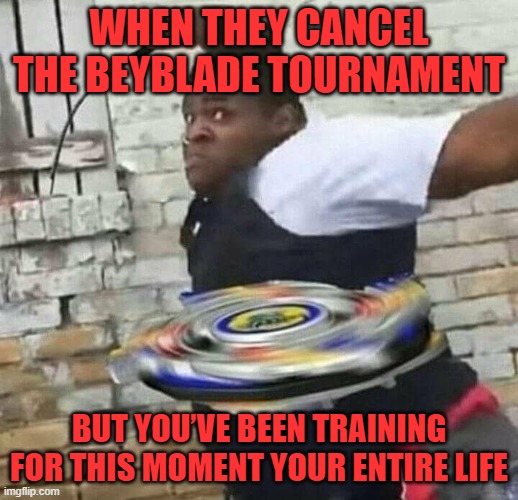Beyblade tournament | WHEN THEY CANCEL THE BEYBLADE TOURNAMENT; BUT YOU’VE BEEN TRAINING FOR THIS MOMENT YOUR ENTIRE LIFE | image tagged in memes | made w/ Imgflip meme maker
