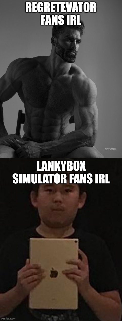 REGRETEVATOR FANS IRL LANKYBOX SIMULATOR FANS IRL | image tagged in giga chad,kid with ipad | made w/ Imgflip meme maker