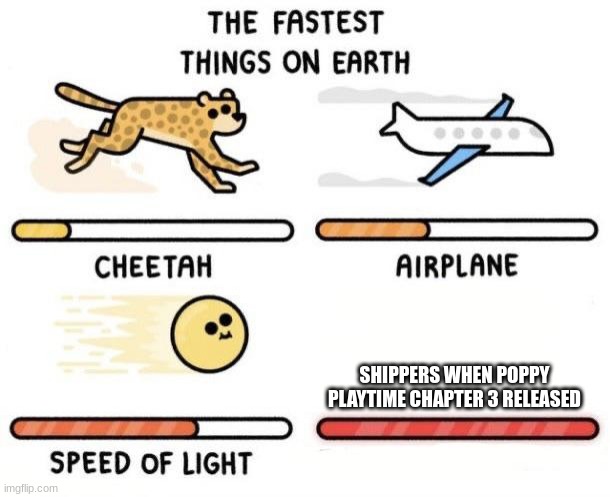 The fastest things on earth: cheetah, airplane, speed of light, | SHIPPERS WHEN POPPY PLAYTIME CHAPTER 3 RELEASED | image tagged in the fastest things on earth cheetah airplane speed of light,poppy playtime,shipping | made w/ Imgflip meme maker