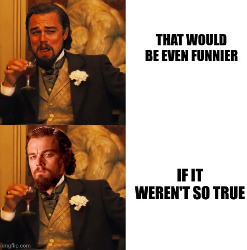 Leonardo DiCaprio laughing vs. serious meme (By Rob Level) | THAT WOULD BE EVEN FUNNIER IF IT WEREN'T SO TRUE | image tagged in leonardo dicaprio laughing vs serious meme by rob level | made w/ Imgflip meme maker