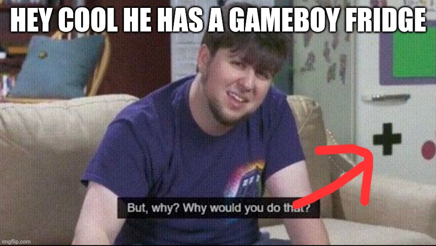 The more you know | HEY COOL HE HAS A GAMEBOY FRIDGE | image tagged in but why why would you do that | made w/ Imgflip meme maker