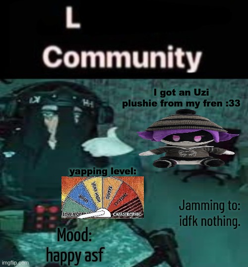 yippee :33 | I got an Uzi plushie from my fren :33; yapping level:; Jamming to:
idfk nothing. Mood:
happy asf | image tagged in sdk temp uhh | made w/ Imgflip meme maker