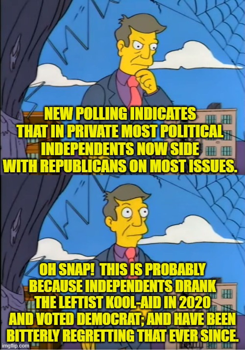 It's not really a mystery to anyone buying groceries, paying utilities, or buying fuel. | NEW POLLING INDICATES THAT IN PRIVATE MOST POLITICAL INDEPENDENTS NOW SIDE WITH REPUBLICANS ON MOST ISSUES. OH SNAP!  THIS IS PROBABLY BECAUSE INDEPENDENTS DRANK THE LEFTIST KOOL-AID IN 2020 AND VOTED DEMOCRAT; AND HAVE BEEN BITTERLY REGRETTING THAT EVER SINCE. | image tagged in yep | made w/ Imgflip meme maker