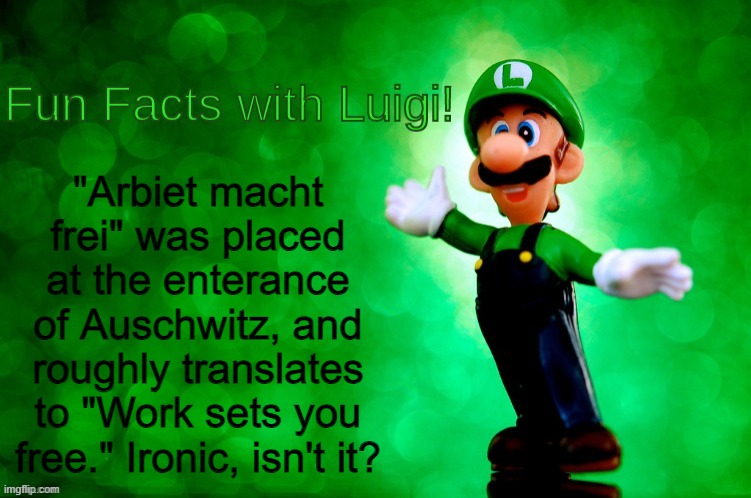 I just felt like spreading information today. Don't worry, I'll find misinformation tomorrow. | "Arbiet macht frei" was placed at the enterance of Auschwitz, and roughly translates to "Work sets you free." Ironic, isn't it? | image tagged in fun facts with luigi | made w/ Imgflip meme maker