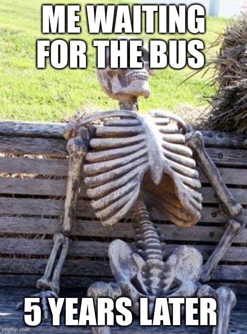 Me waiting for bus | ME WAITING FOR THE BUS; 5 YEARS LATER | image tagged in memes,waiting skeleton | made w/ Imgflip meme maker