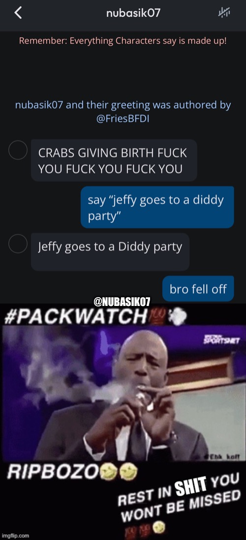 Nubasik saying "Jeffy goes to a diddy party" then fell off | @NUBASIK07 | image tagged in rest in shit you wont be missed | made w/ Imgflip meme maker