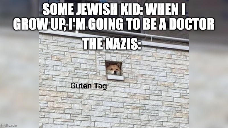 I hope you like Dark Humor. (I'm a little sorry for this. Only a little) | SOME JEWISH KID: WHEN I GROW UP, I'M GOING TO BE A DOCTOR; THE NAZIS: | image tagged in guten tag,nazis,nazi,history,germany,ww2 | made w/ Imgflip meme maker