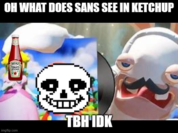 Phantom does not know what Sans sees in ketchup | OH WHAT DOES SANS SEE IN KETCHUP; TBH IDK | image tagged in undertale,rabbids | made w/ Imgflip meme maker