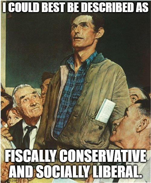 Speech Normal Rockwell | I COULD BEST BE DESCRIBED AS; FISCALLY CONSERVATIVE AND SOCIALLY LIBERAL. | image tagged in speech normal rockwell | made w/ Imgflip meme maker