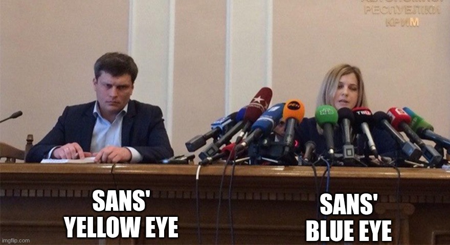 Sans' left eye | SANS' YELLOW EYE; SANS' BLUE EYE | image tagged in man and woman microphone | made w/ Imgflip meme maker