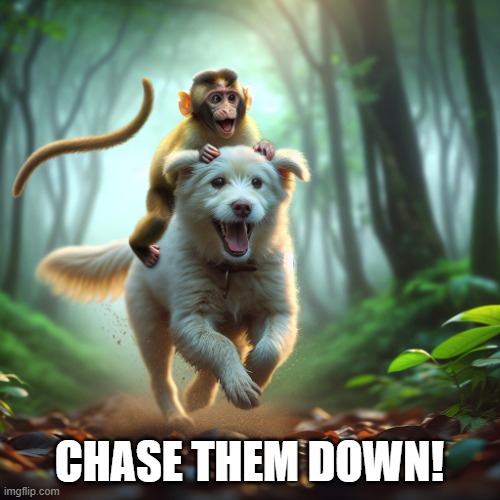 monkey riding dog | CHASE THEM DOWN! | image tagged in monkey riding dog | made w/ Imgflip meme maker